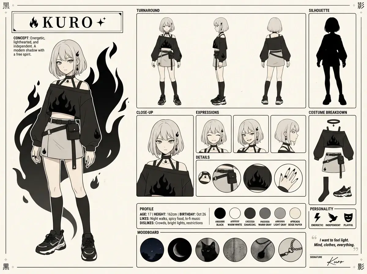 Complex multi-element character sheet generated by Nano Banana Pro
