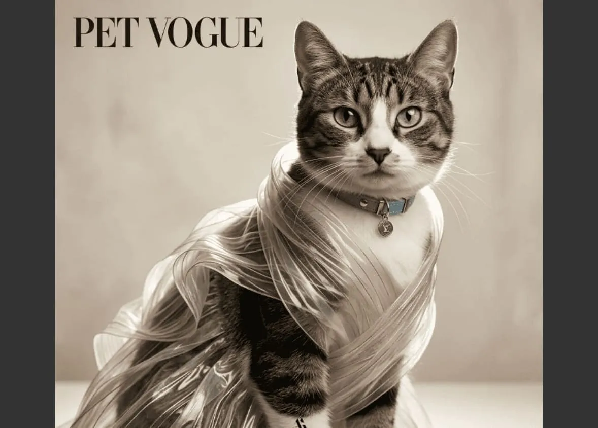 Nano Banana Pro output: a tabby cat draped in flowing transparent plastic with a tagged collar, on a mock 'Pet Vogue' magazine cover